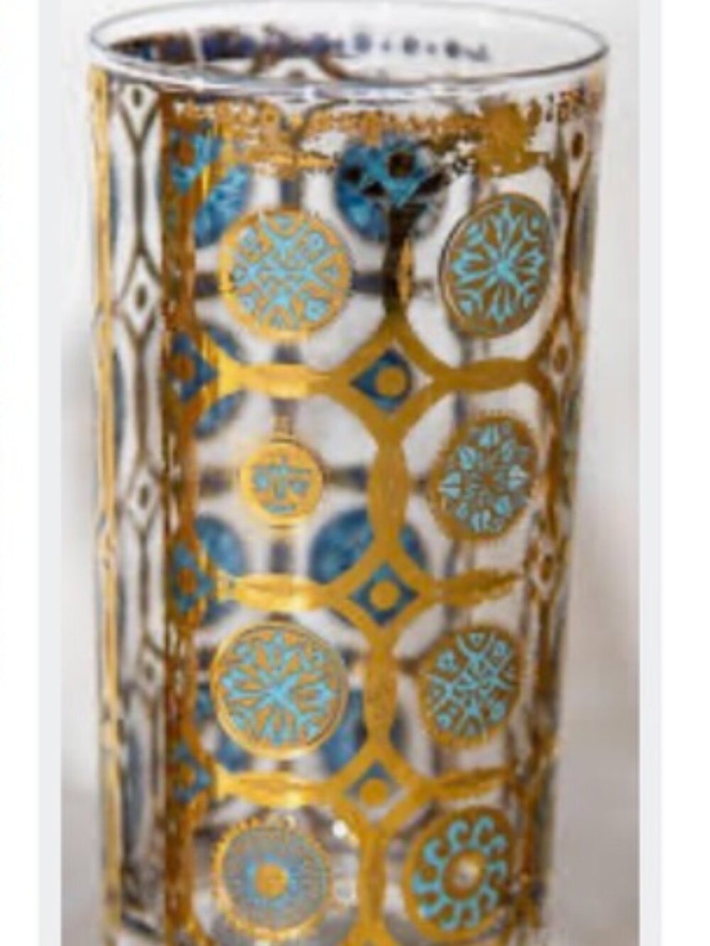 Vintage Culver Aztec 22K Gold Turquoise Highball Glass MCM Barware